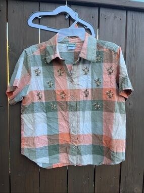 Penmans XL Embroidered Plaid Short-Sleeve Button-Down cotton Shirt. grey orange